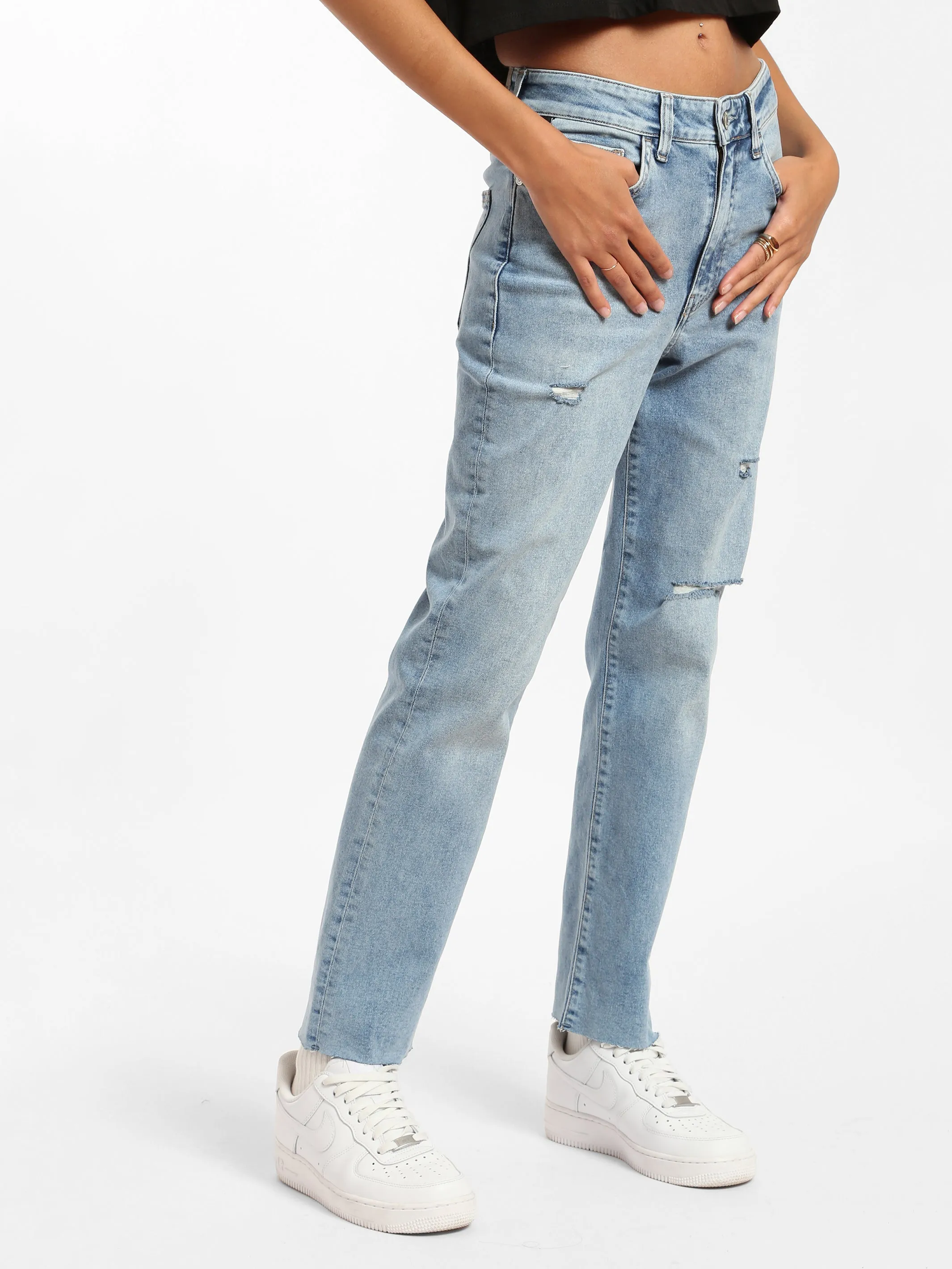 Meadow High Rise Boyfriend Jeans in Mid Ripped Denim sold by Brooklyn Industries