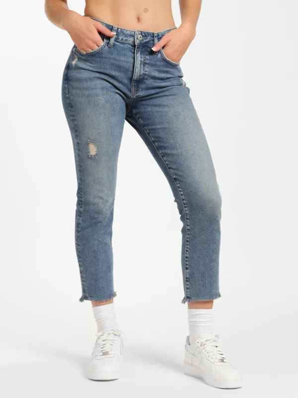 Court High Rise Cropped Straight Leg Jeans in Light Ripped Denim sold by Brooklyn Industries