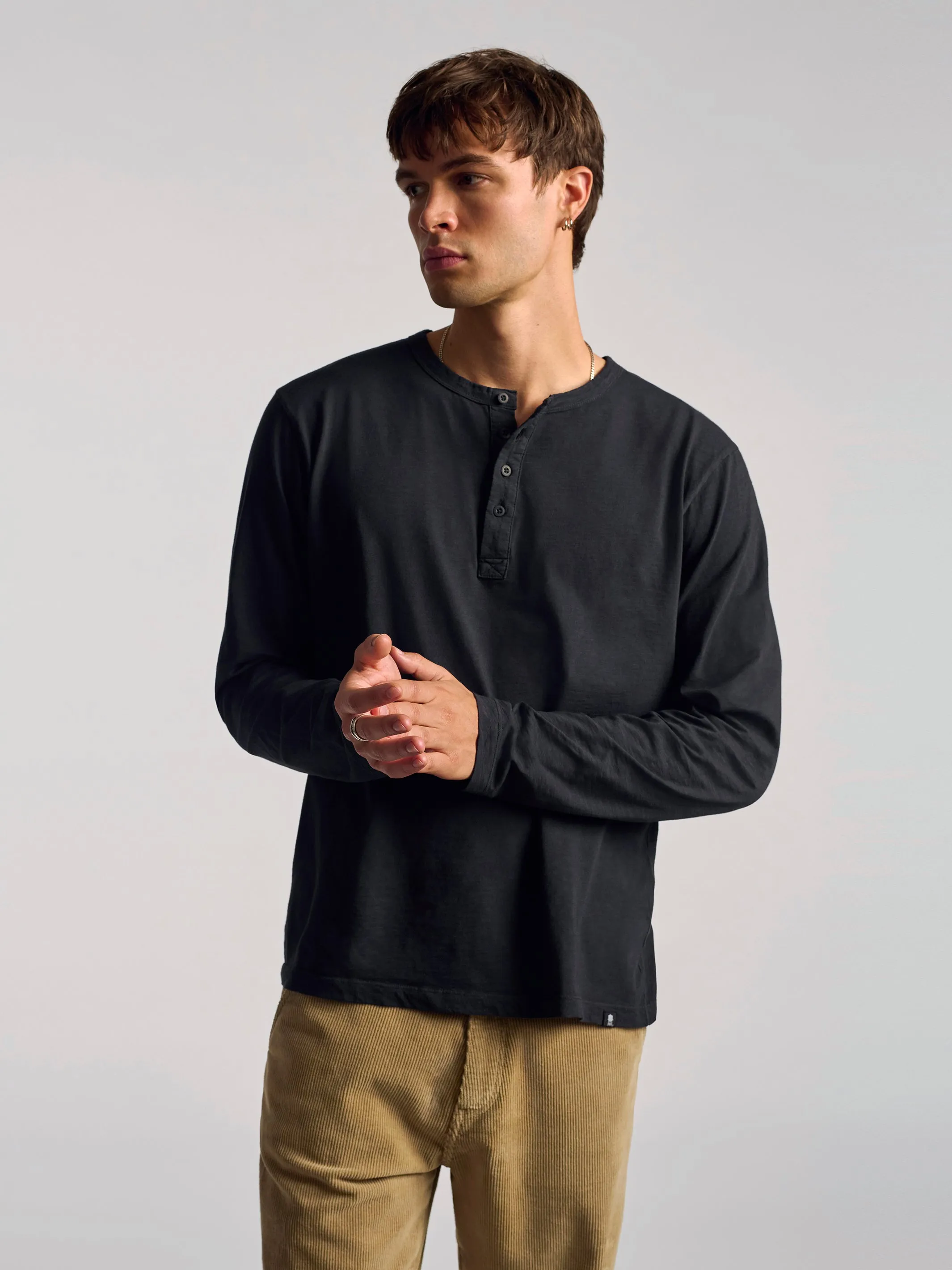 Men's Long Sleeve Henley T-Shirt In Black sold by Brooklyn Industries