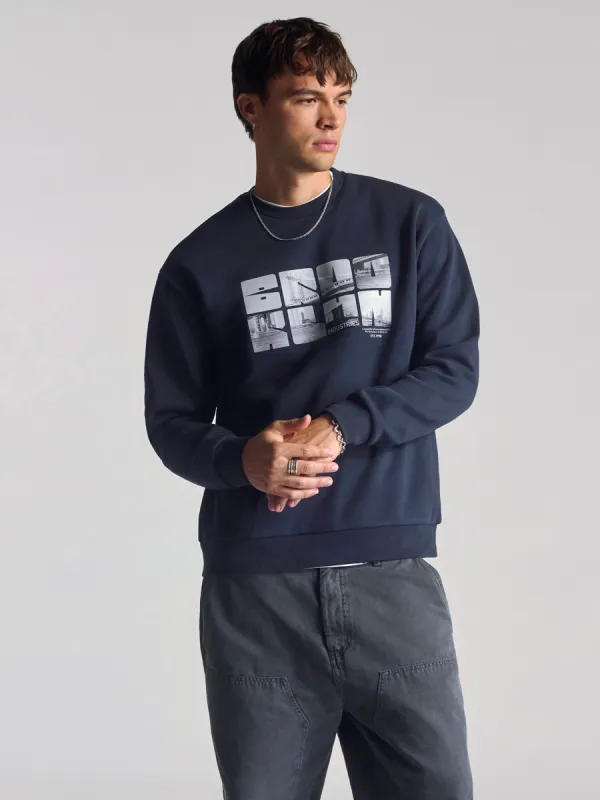 Men's City Printed Crew Neck Sweatshirt In Total Eclipse sold by Brooklyn Industries