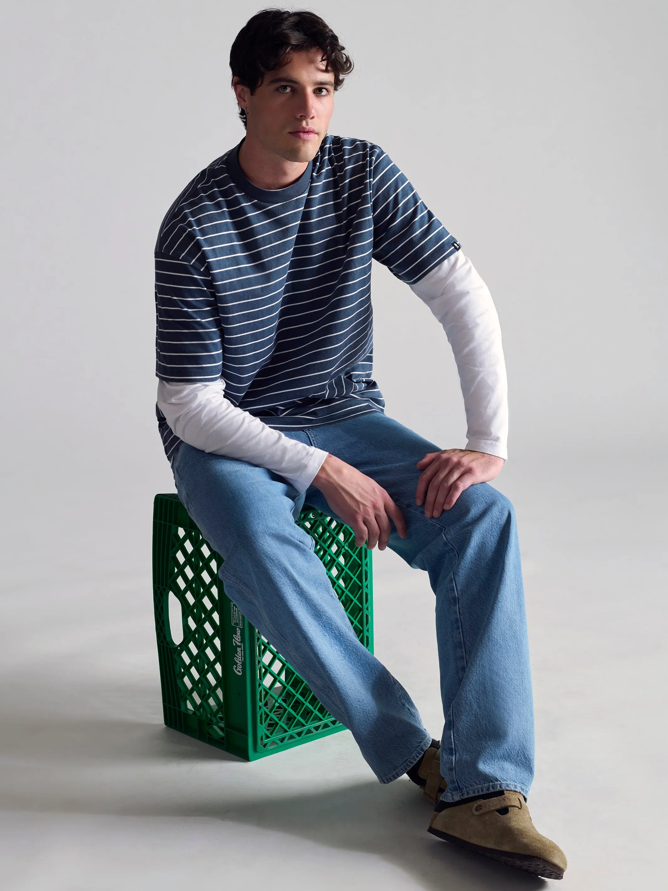 Men's Crew Neck Stripe T-Shirt In Dark Denim sold by Brooklyn Industries product image thumbnail 3