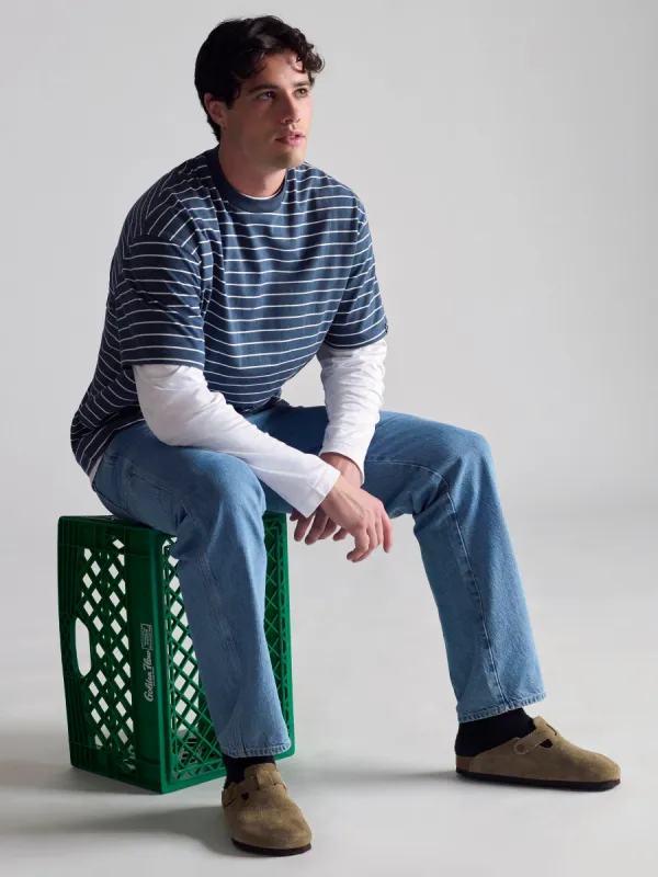 Men's Crew Neck Stripe T-Shirt In Dark Denim sold by Brooklyn Industries