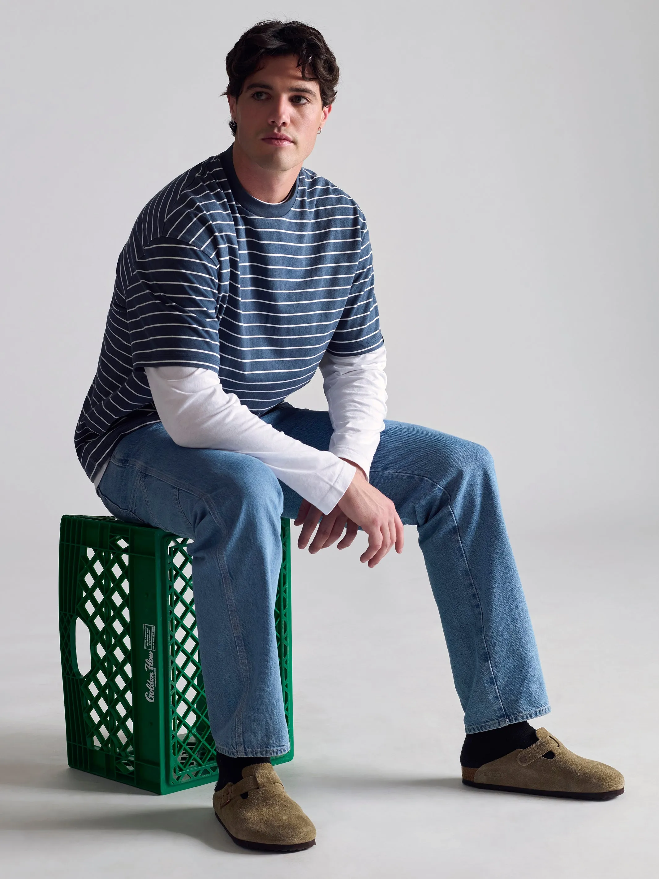 Men's Crew Neck Stripe T-Shirt In Dark Denim sold by Brooklyn Industries product image thumbnail 2