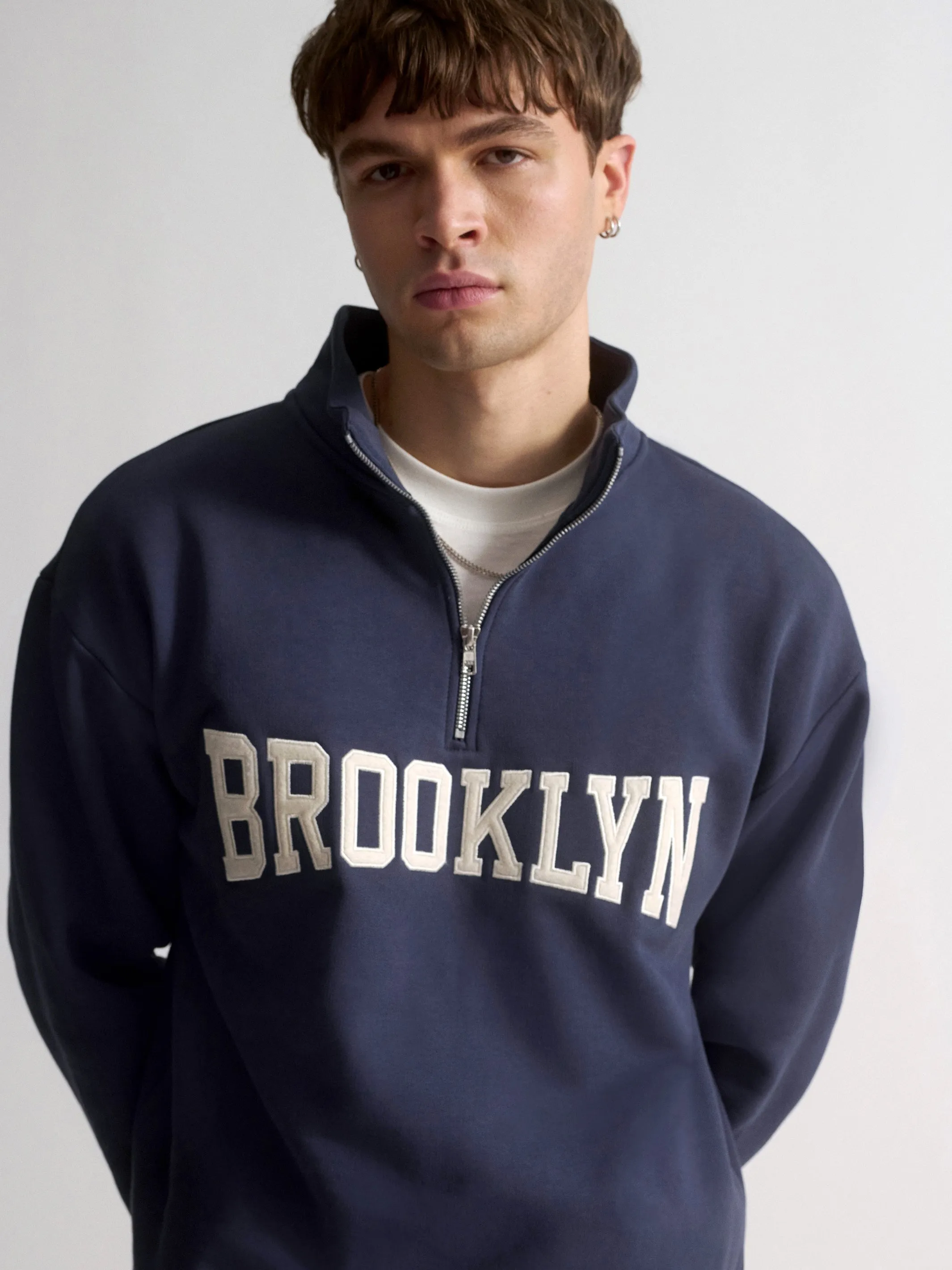 Men's Brooklyn Campus Half-Zip Sweatshirt In Mood Indigo sold by Brooklyn Industries