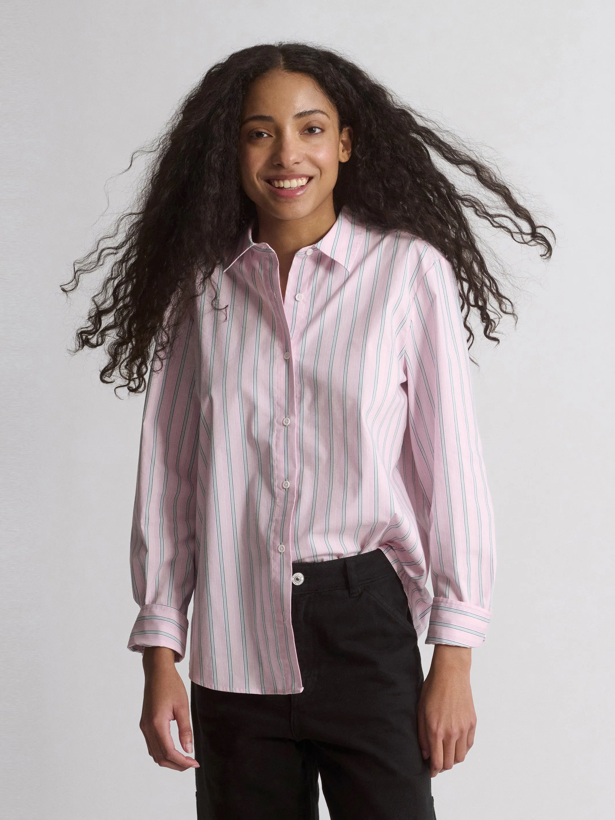 Women's Long Sleeve Shirt In Pink Striped sold by Brooklyn Industries