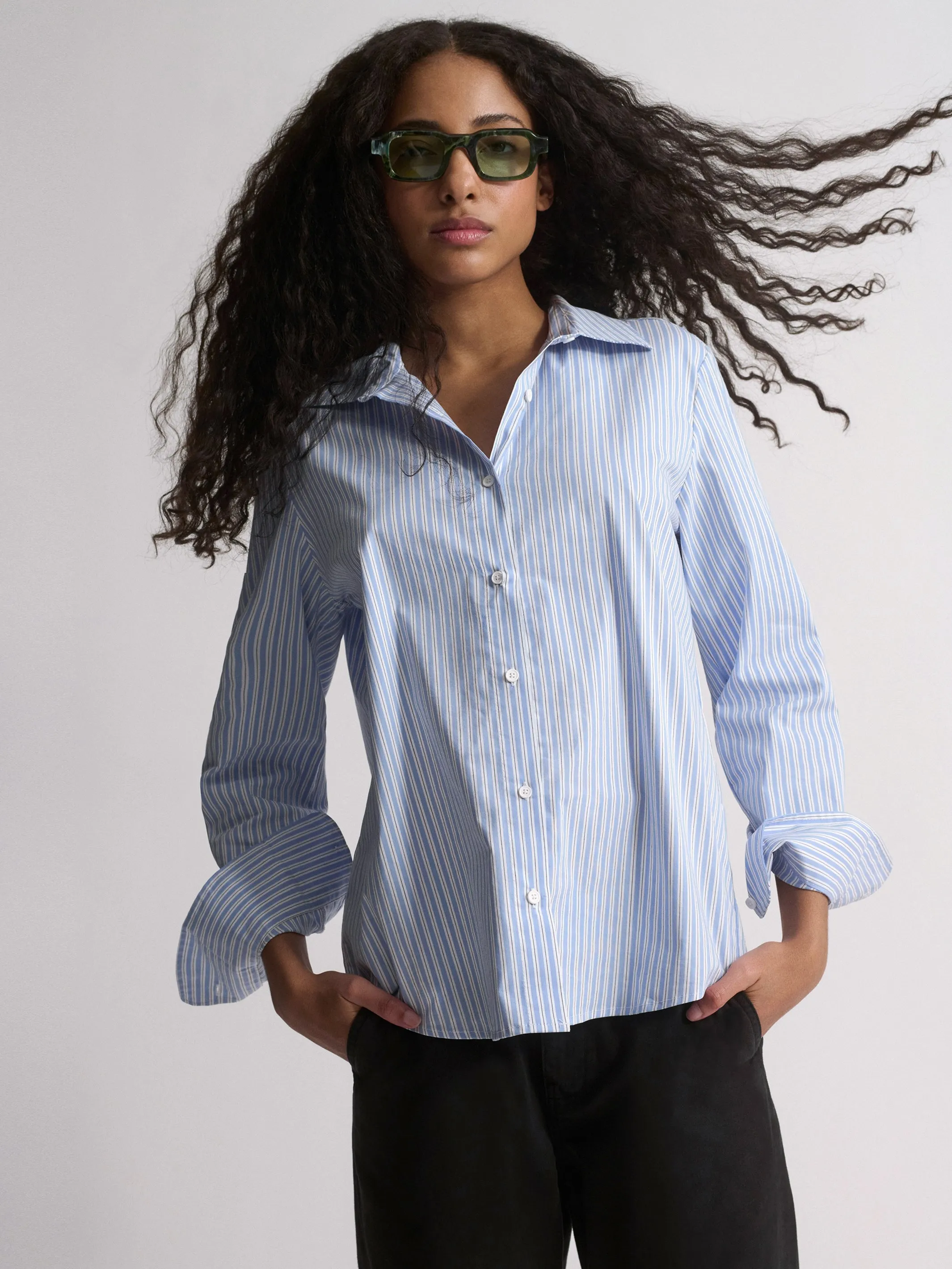 Women's Long Sleeve Shirt In Blue Striped sold by Brooklyn Industries