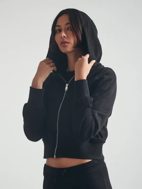 Women's Cropped Zip-Up Hoodie in Black sold by Brooklyn Industries