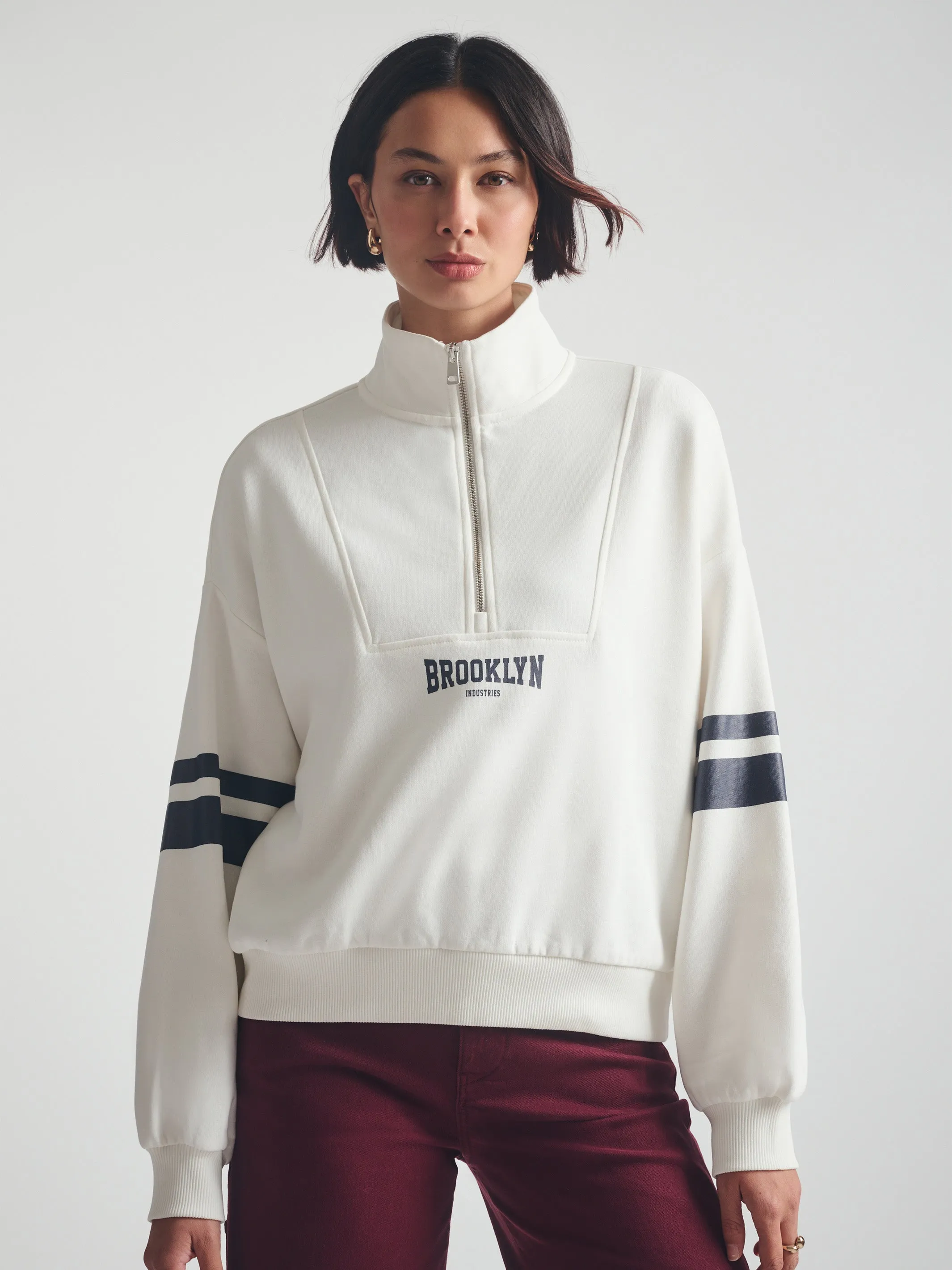 Women's Brooklyn Half Zip Varsity Sweatshirt in Antique White sold by Brooklyn Industries