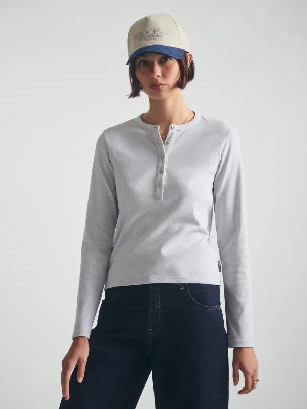 Women's Cropped Henley T-Shirt in Light Grey Melange sold by Brooklyn Industries