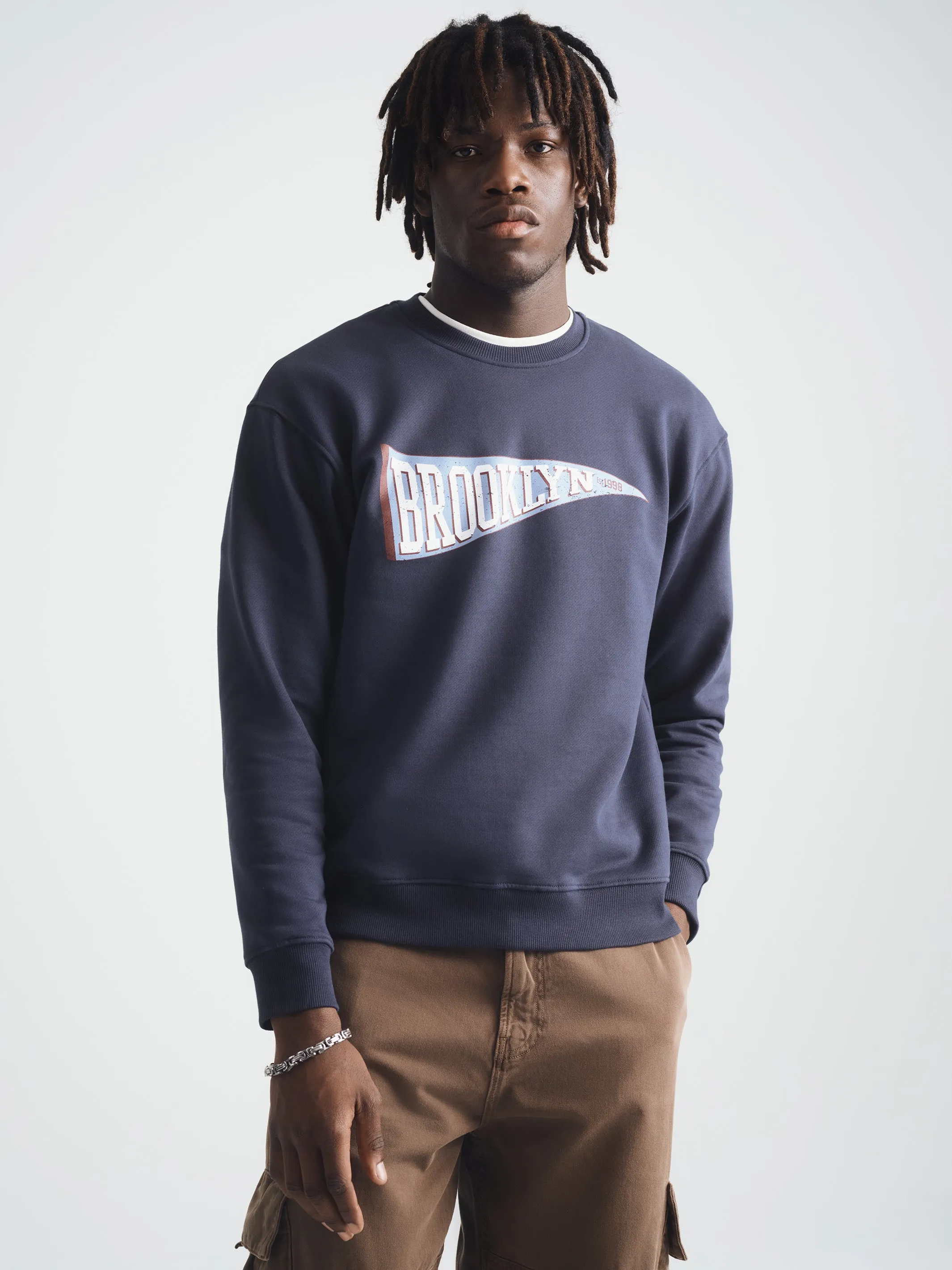 Men's Brooklyn Varsity Sweatshirt in Blueberry sold by Brooklyn Industries