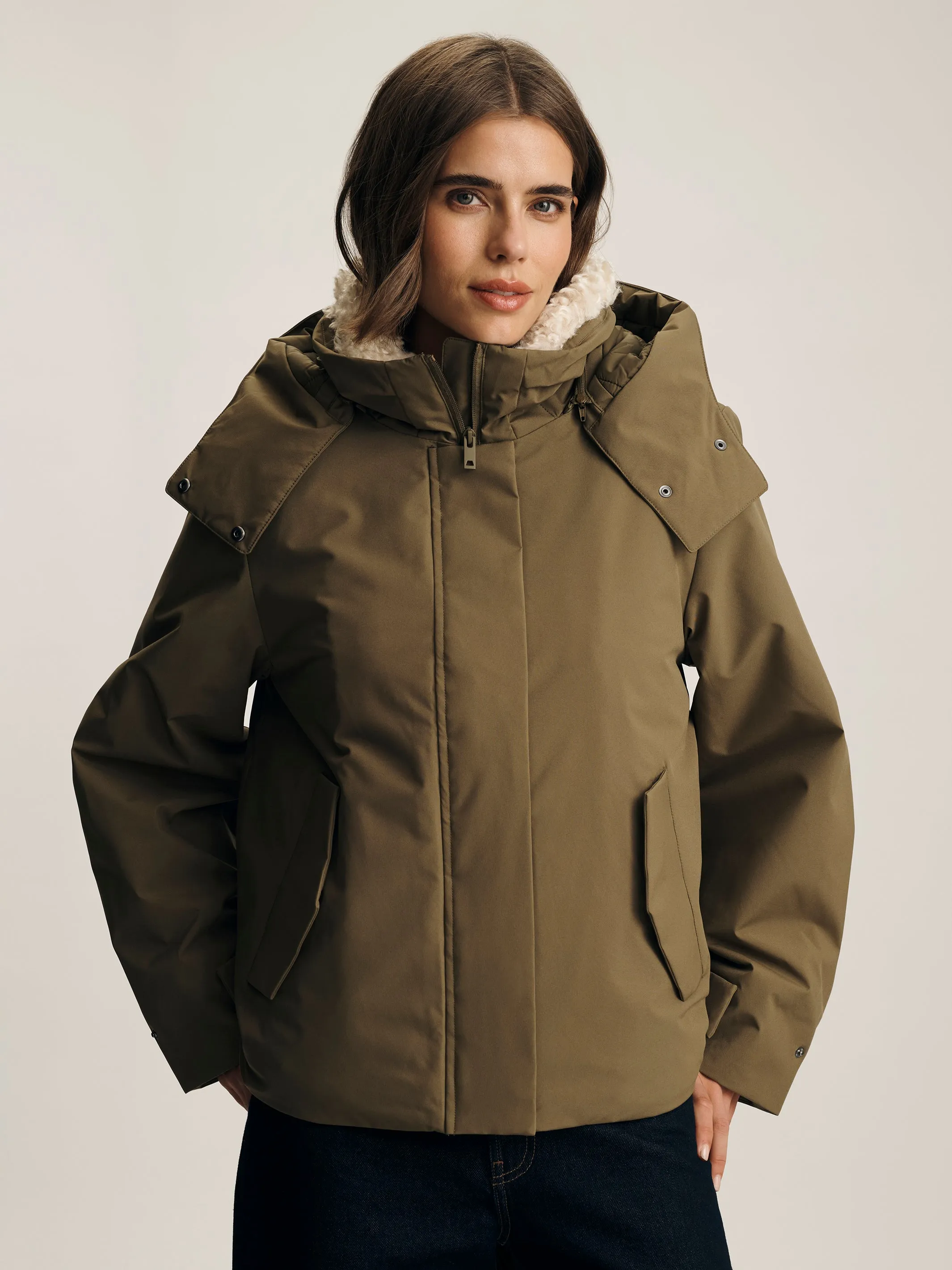 Women's Hooded Puffer Jacket in Dusky Green sold by Brooklyn Industries
