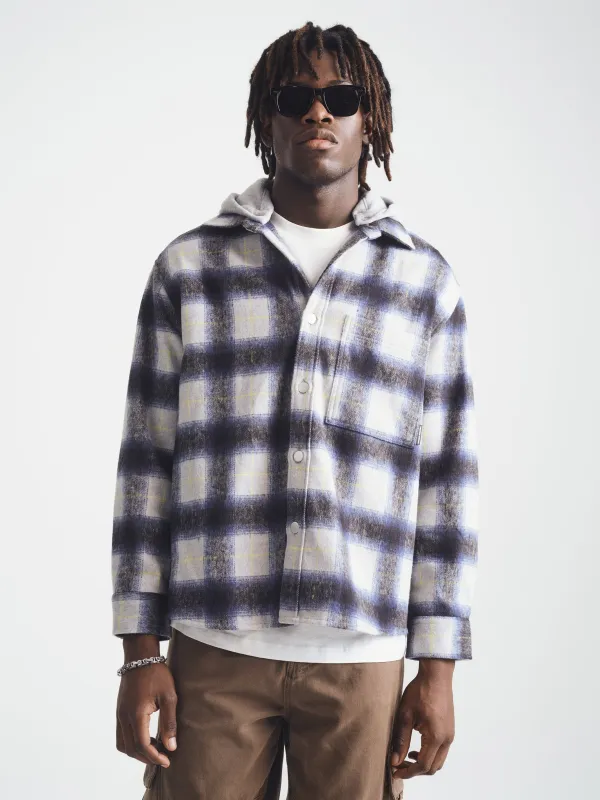 Men's Hooded Plaid Overshirt in Black Iris Check sold by Brooklyn Industries
