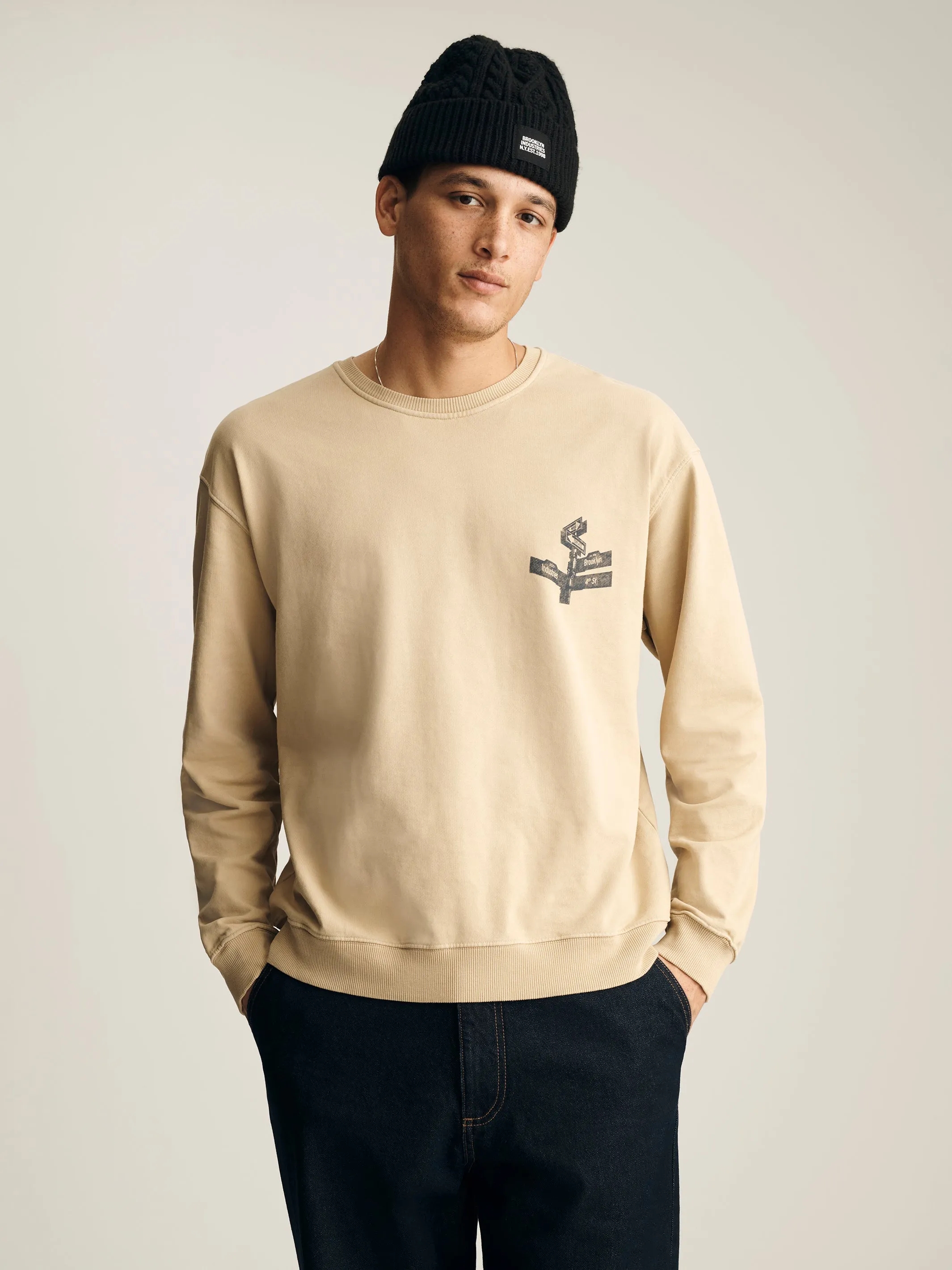 Men's Brooklyn Street Sign Sweatshirt in Irish Cream sold by Brooklyn Industries