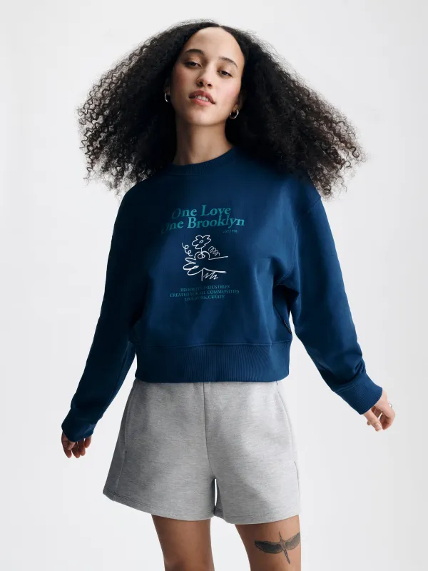 Women's One Love One Brooklyn Sweatshirt in Navy Peony sold by Brooklyn Industries