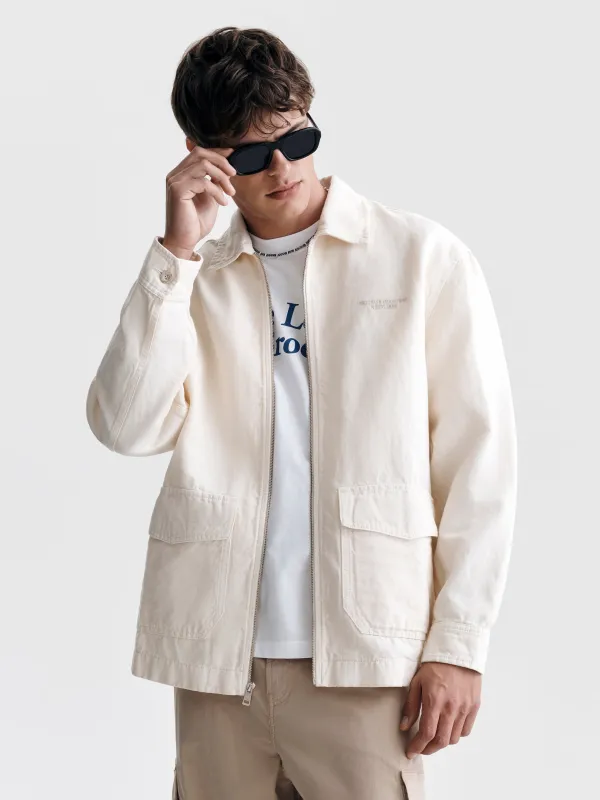 Men's Linen Utility Overshirt in Sandshell made by Brooklyn Industries