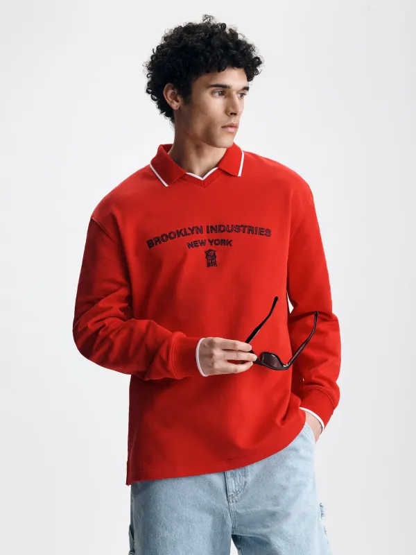 Men's Logo Varsity Polo Sweatshirt in Goji Berry made by Brooklyn Industries