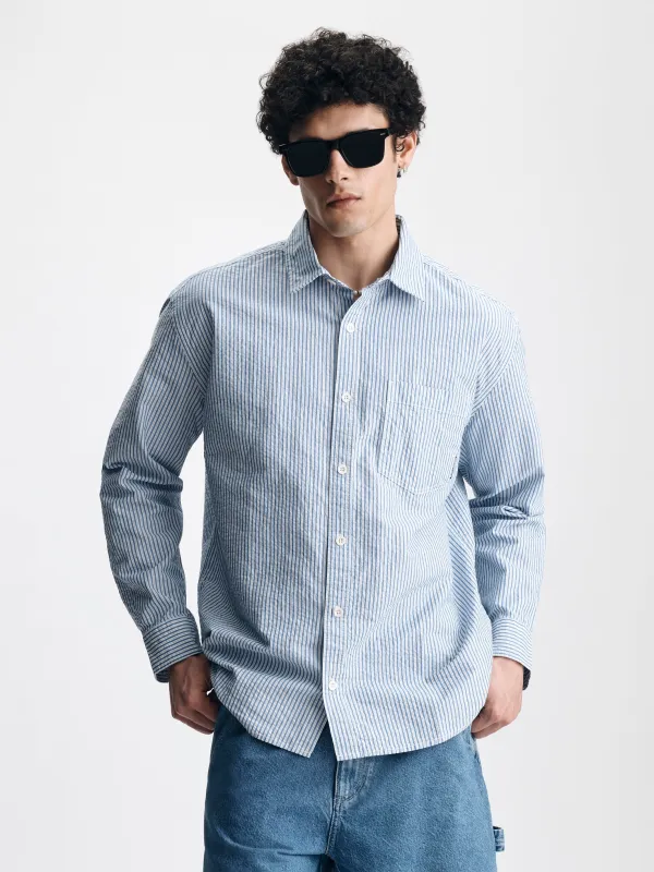 Men's Long Sleeve Striped Shirt in Blue Striped made by Brooklyn Industries