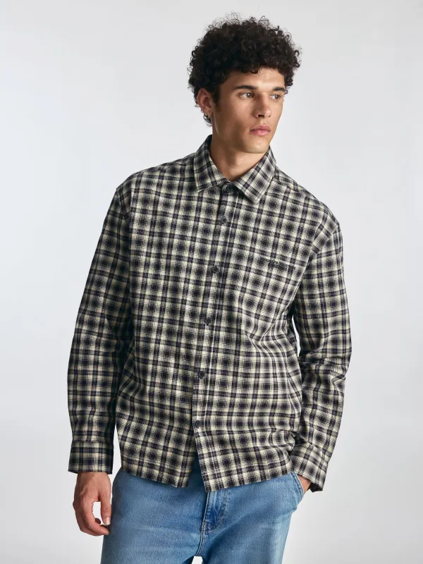 Men's Logo Long Sleeve Plaid Shirt in Black Check made by Brooklyn Industries