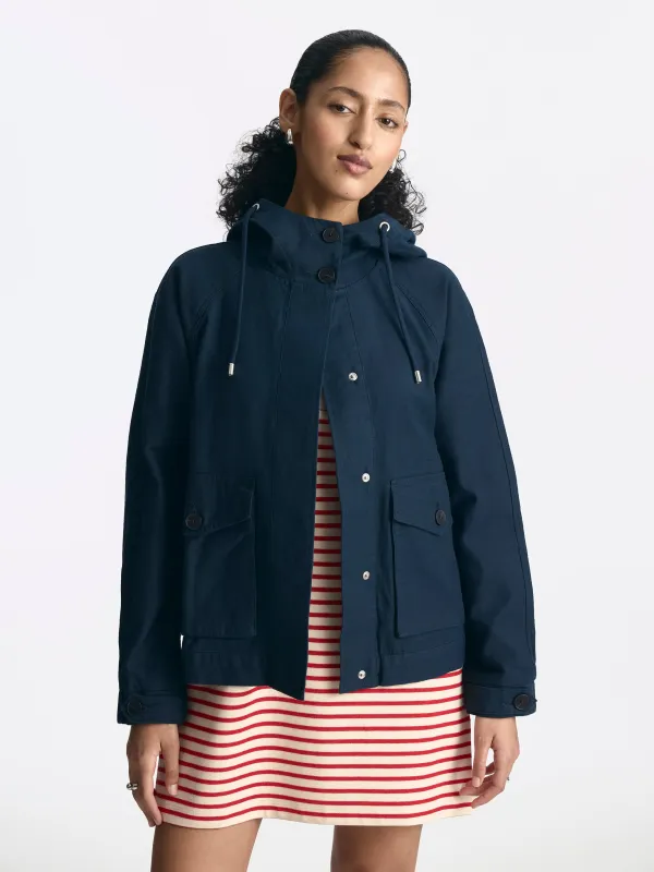 Women's Short Hooded Utility Jacket in Blue Berry made by Brooklyn Industries
