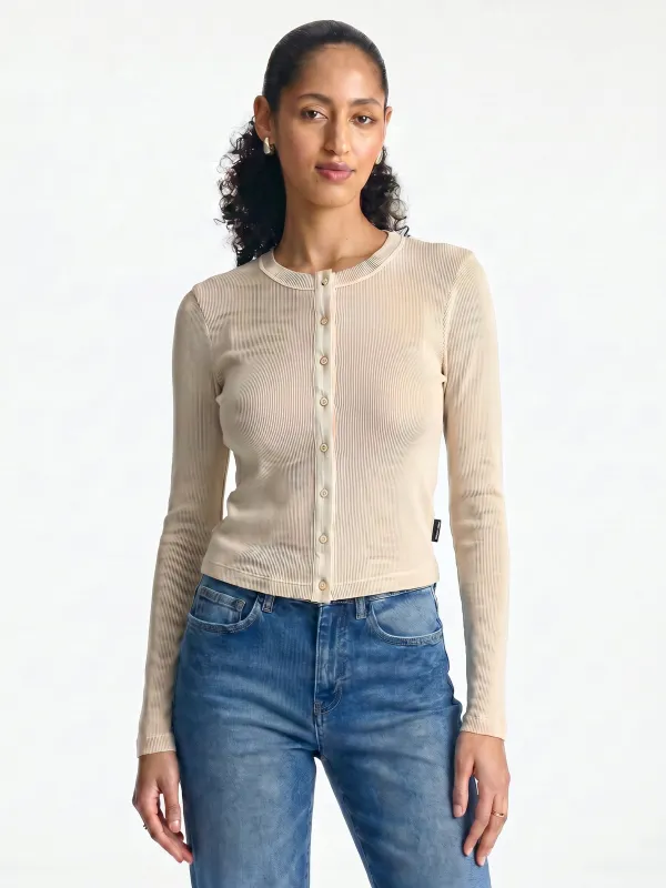 Women's Ribbed Button-Up T-Shirt in Sandshell made by Brooklyn Industries