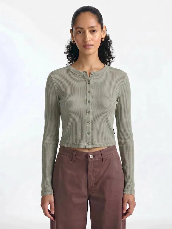 Women's Ribbed Button-Up T-Shirt in Shadow made by Brooklyn Industries