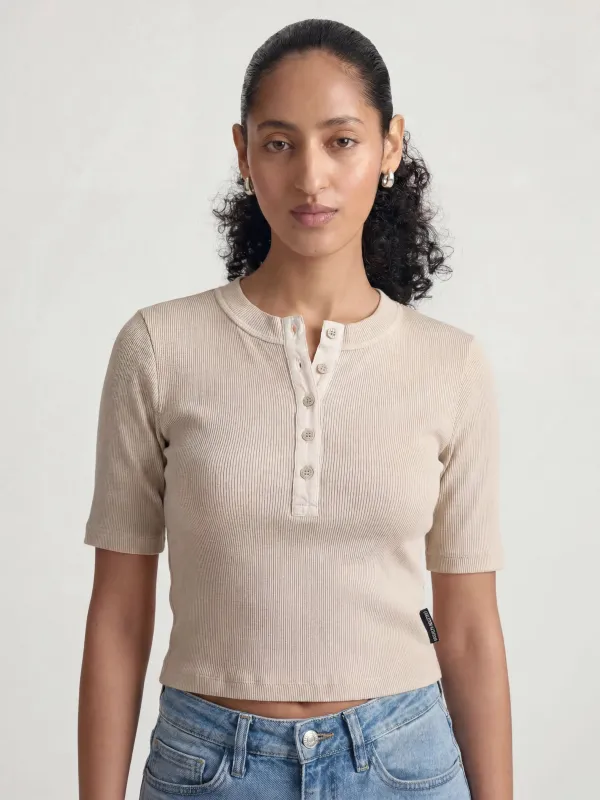 Women's Ribbed Henley T-Shirt in Sandshell made by Brooklyn Industries