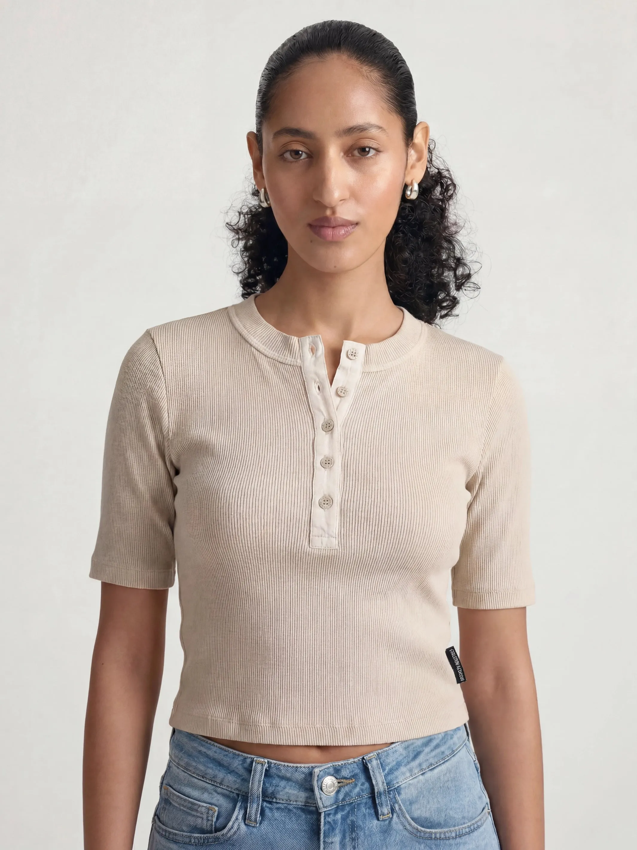 Women's Ribbed Henley T-Shirt in Sandshell sold by Brooklyn Industries