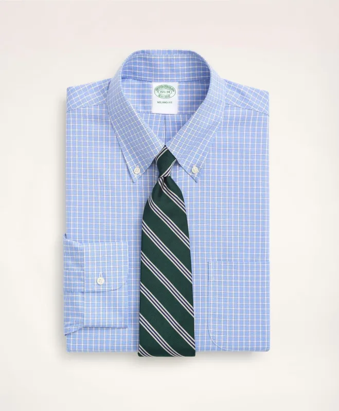 Stretch Milano Slim-Fit Dress Shirt, Non-Iron Pinpoint Oxford Button Down Collar Gingham sold by Brooks Brothers