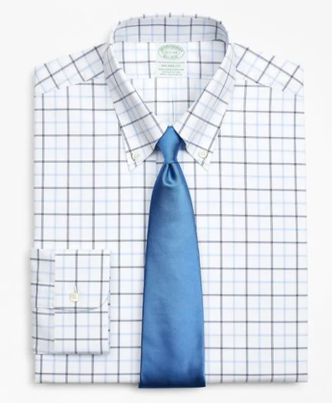 Stretch Milano Slim-Fit Dress Shirt, Non-Iron Poplin Button-Down Collar Double-Grid Check sold by Brooks Brothers