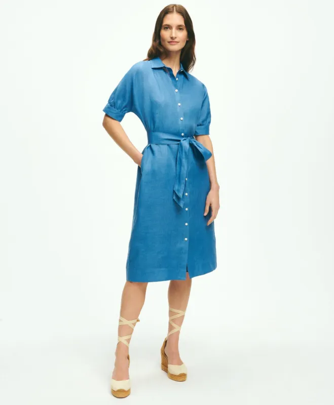 Puff Sleeve Belted Shirt Dress In Linen sold by Brooks Brothers