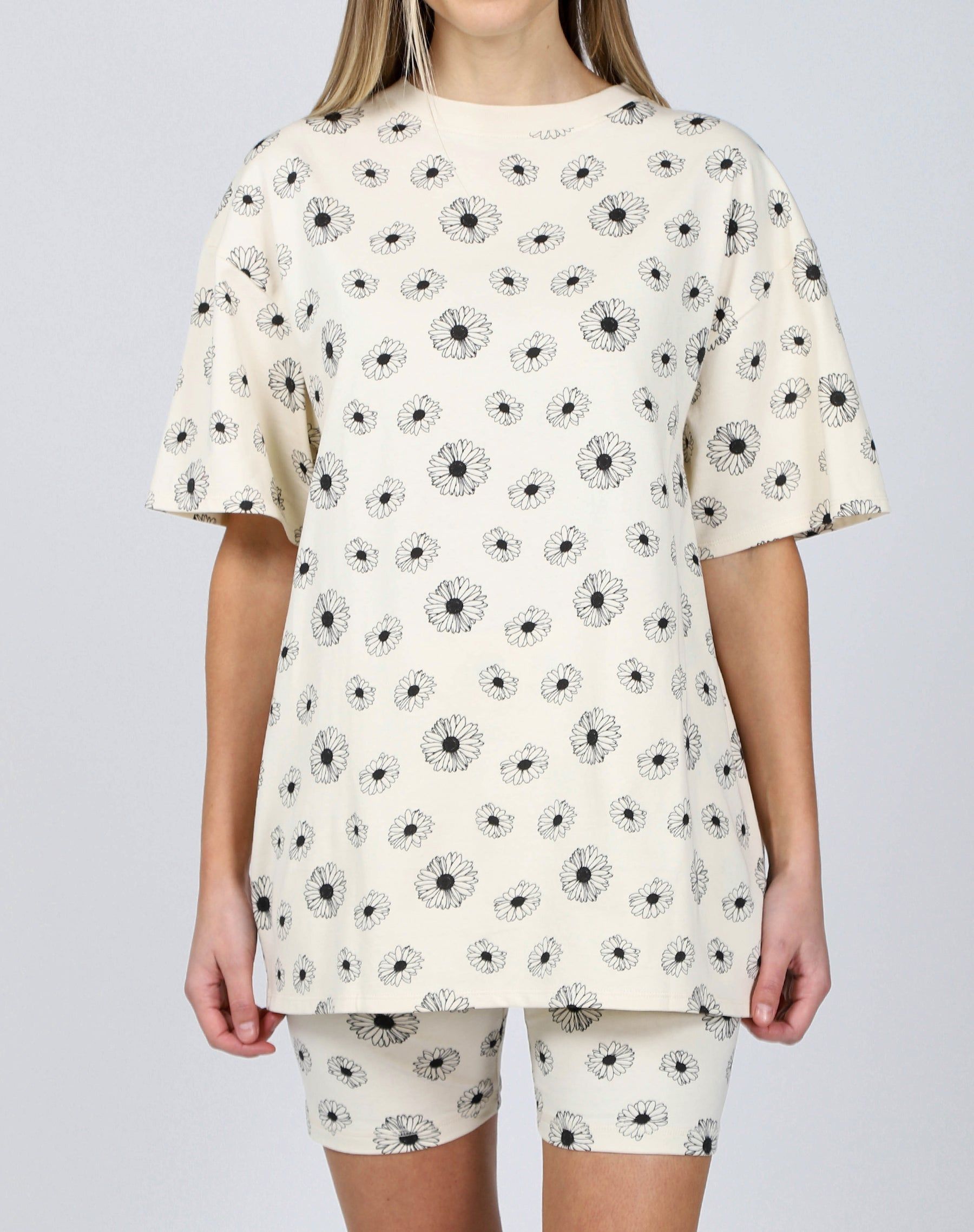 The "ALL OVER DAISY" Oversized Boxy Crew Neck Tee | Almond Milk sold by Brunette The Label