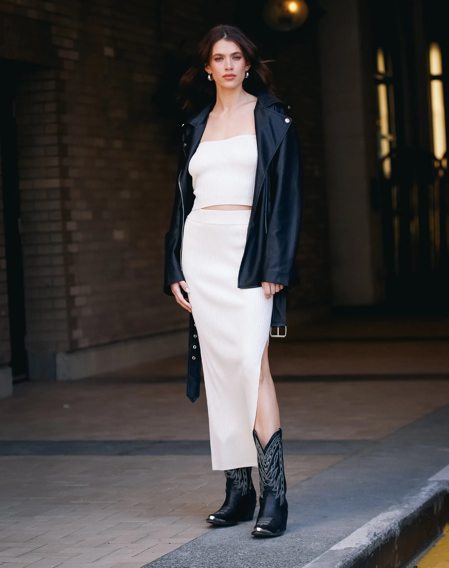 The 'Penelope' Ribbed Knit Maxi Skirt | Cream sold by Brunette The Label