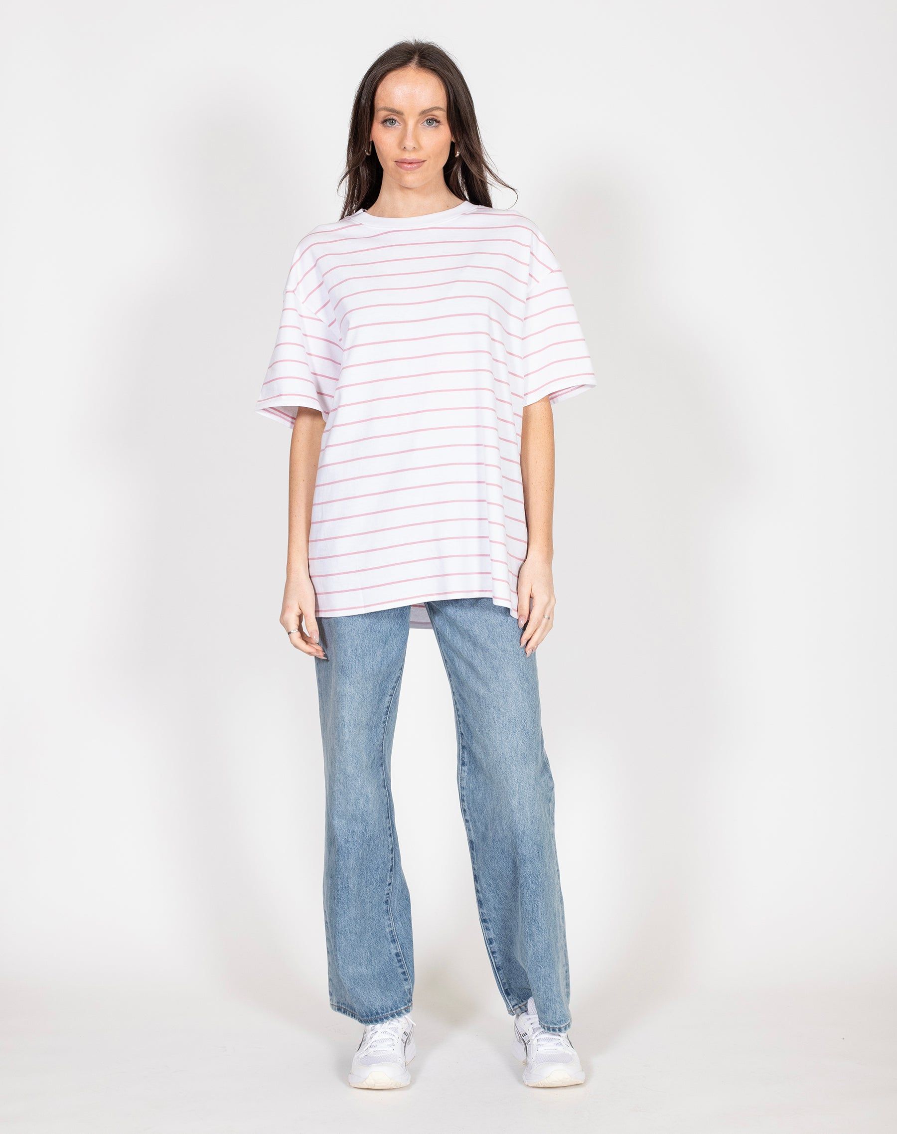 The Oversized Boxy Crew Neck Tee | Bubble Gum Stripe sold by Brunette The Label product image thumbnail 4