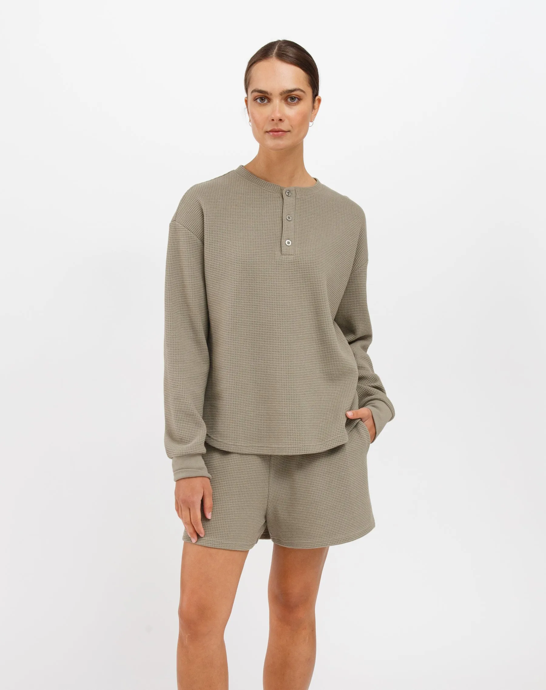 Waffle Henley | Olive sold by Brunette The Label
