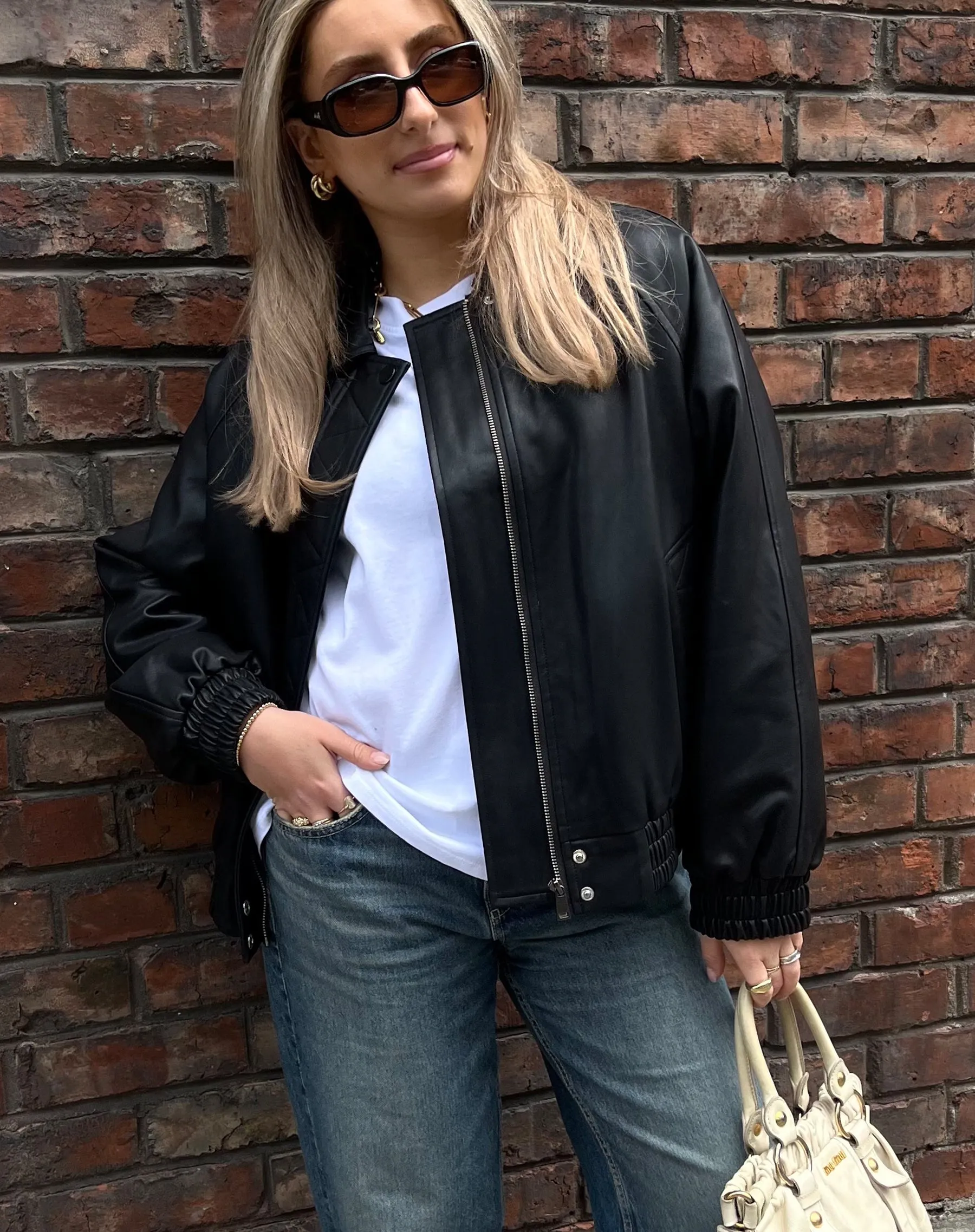 Amelia Vegan Leather Bomber | Black sold by Brunette The Label