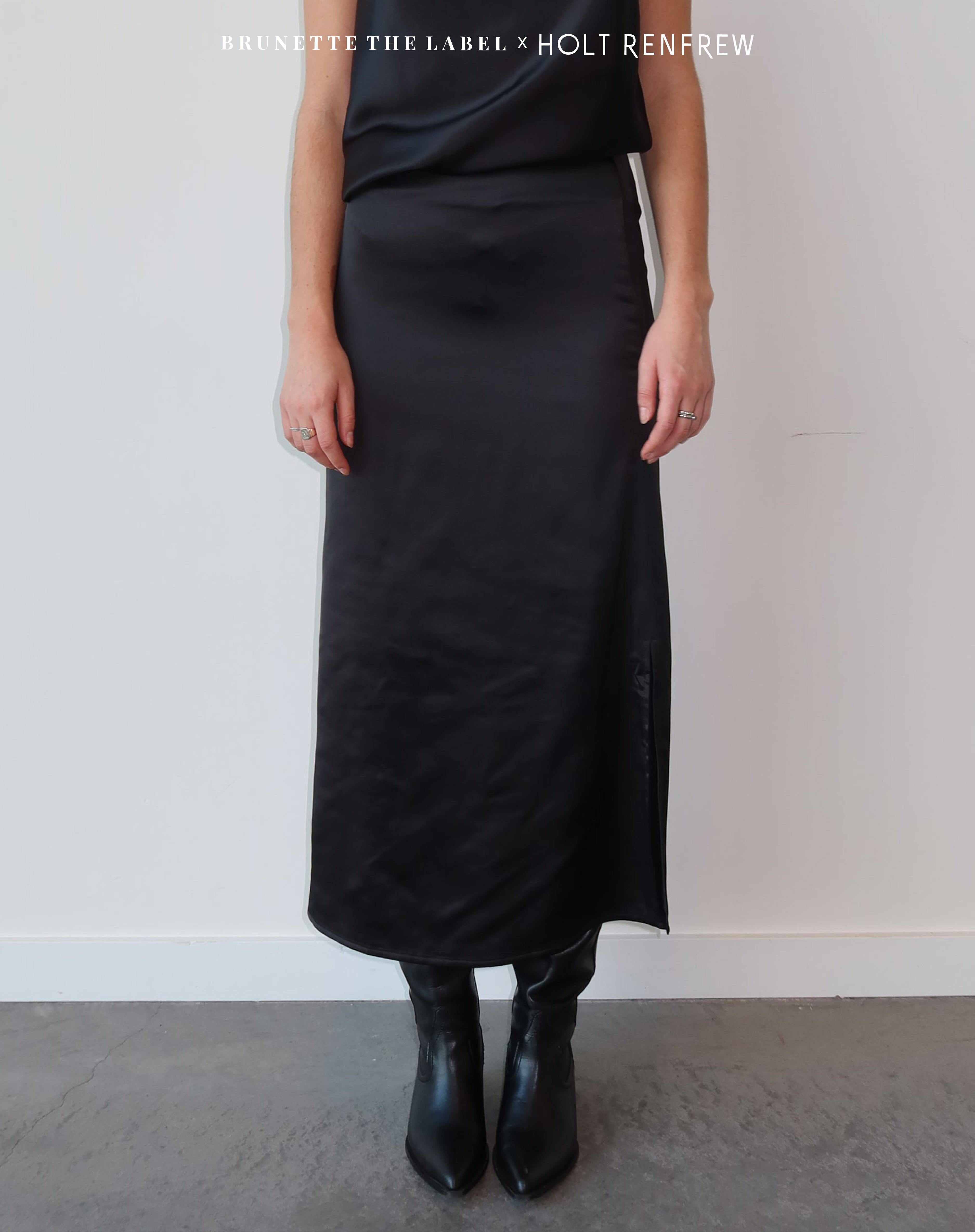 Satin Maxi Skirt in Black | Holt Renfrew Pop Up sold by Brunette The Label