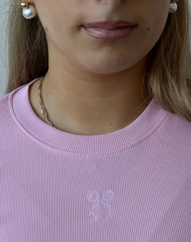The Embroidered Bow Cropped Ribbed Tee | Bubble Gum sold by Brunette The Label