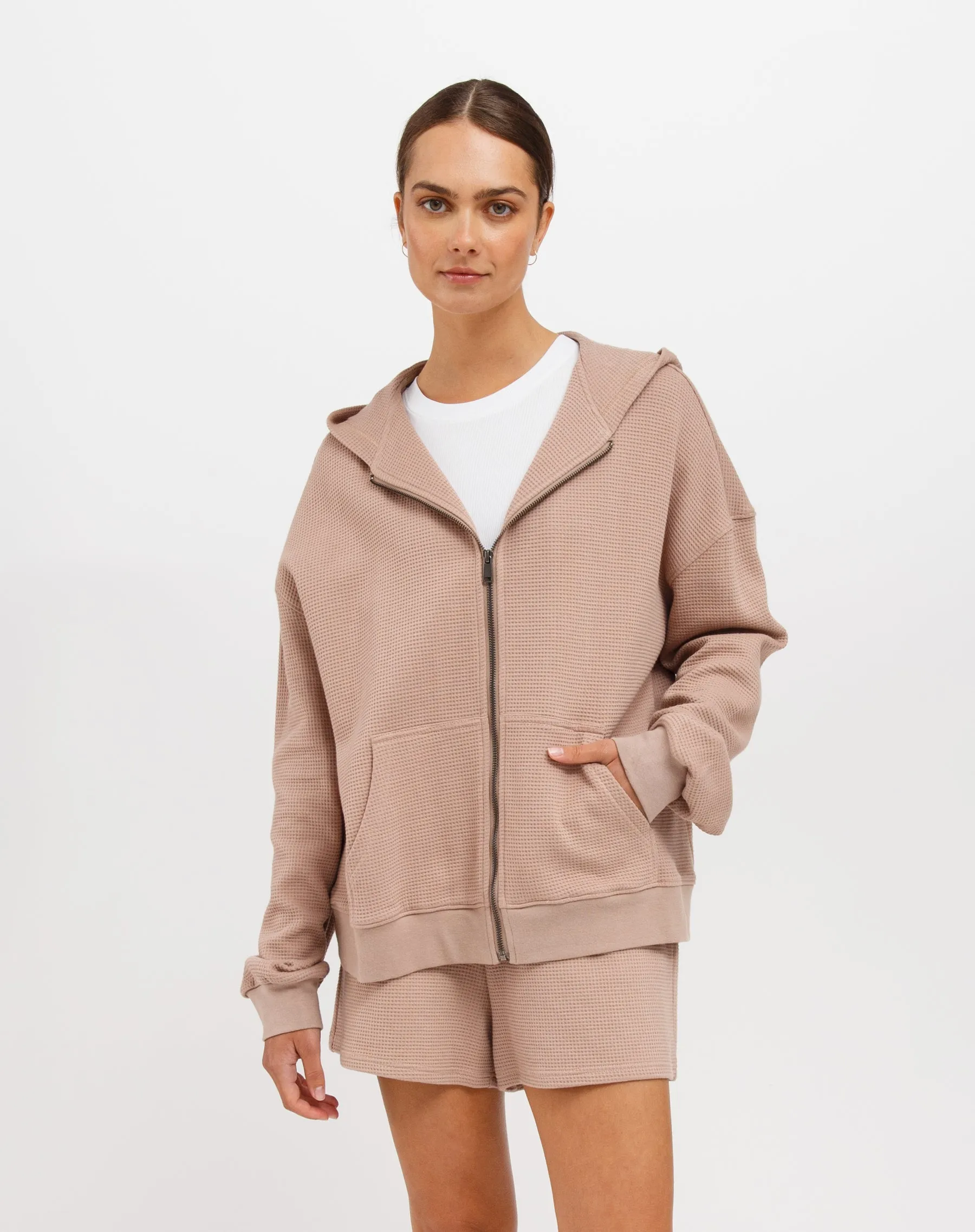 Waffle Oversized Zip-Up Hoodie | Fawn sold by Brunette The Label