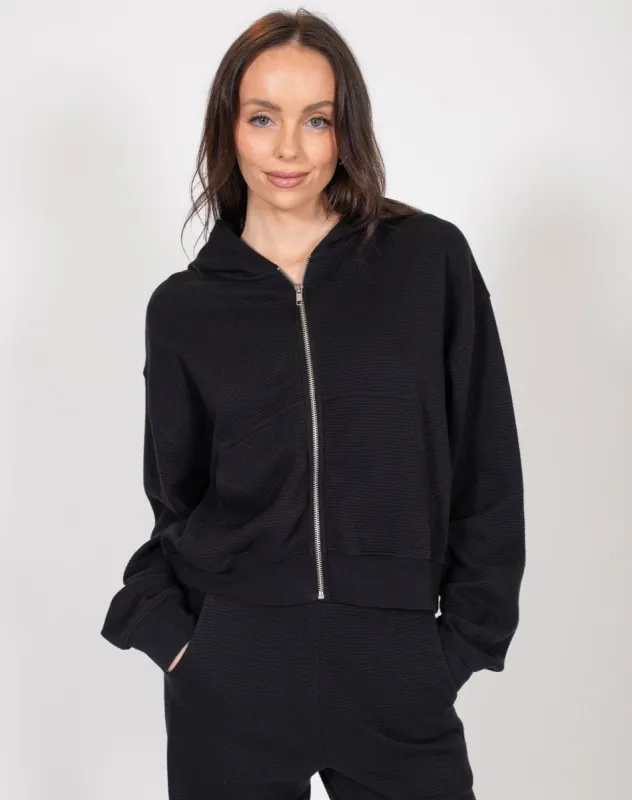 Waffle Knit Full Zip Middle Sister Hoodie | Black sold by Brunette The Label