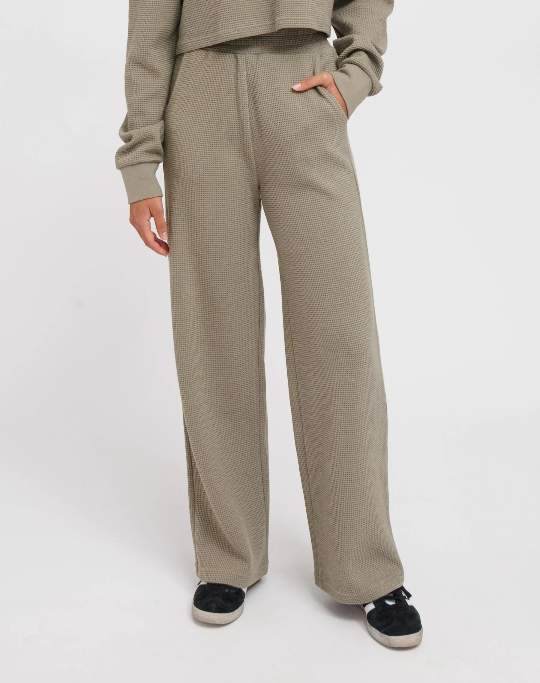 Waffle Wide Leg Pant | Olive sold by Brunette The Label