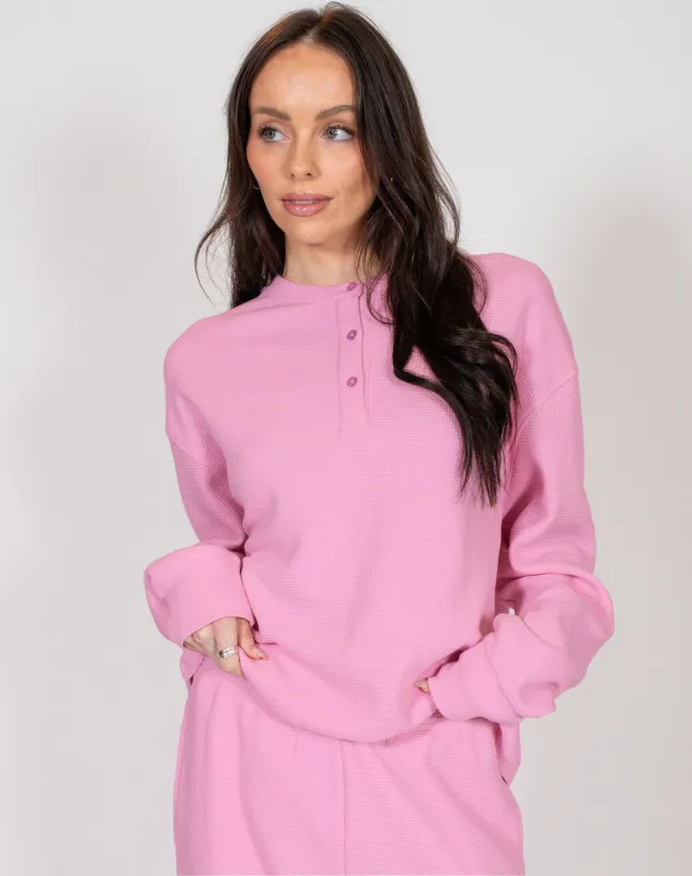 Waffle Knit Boxy Henley | Bubble Gum sold by Brunette The Label