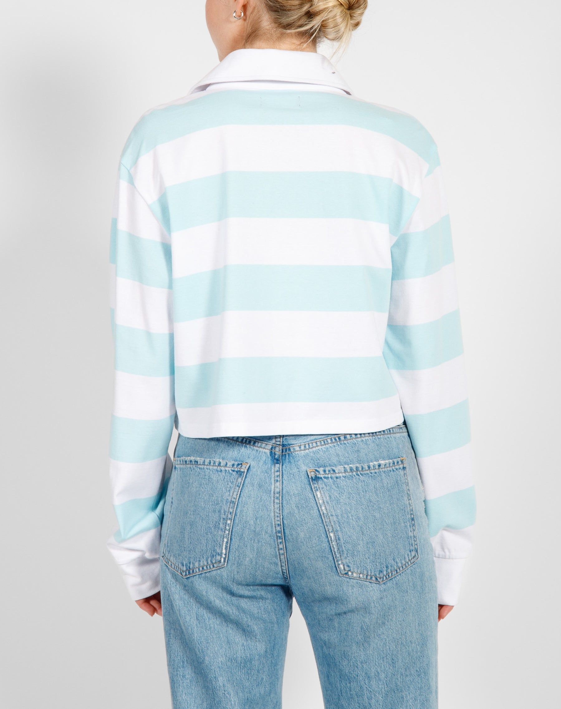 The Cropped Rugby Shirt | White & Baby Blue sold by Brunette The Label product image thumbnail 3