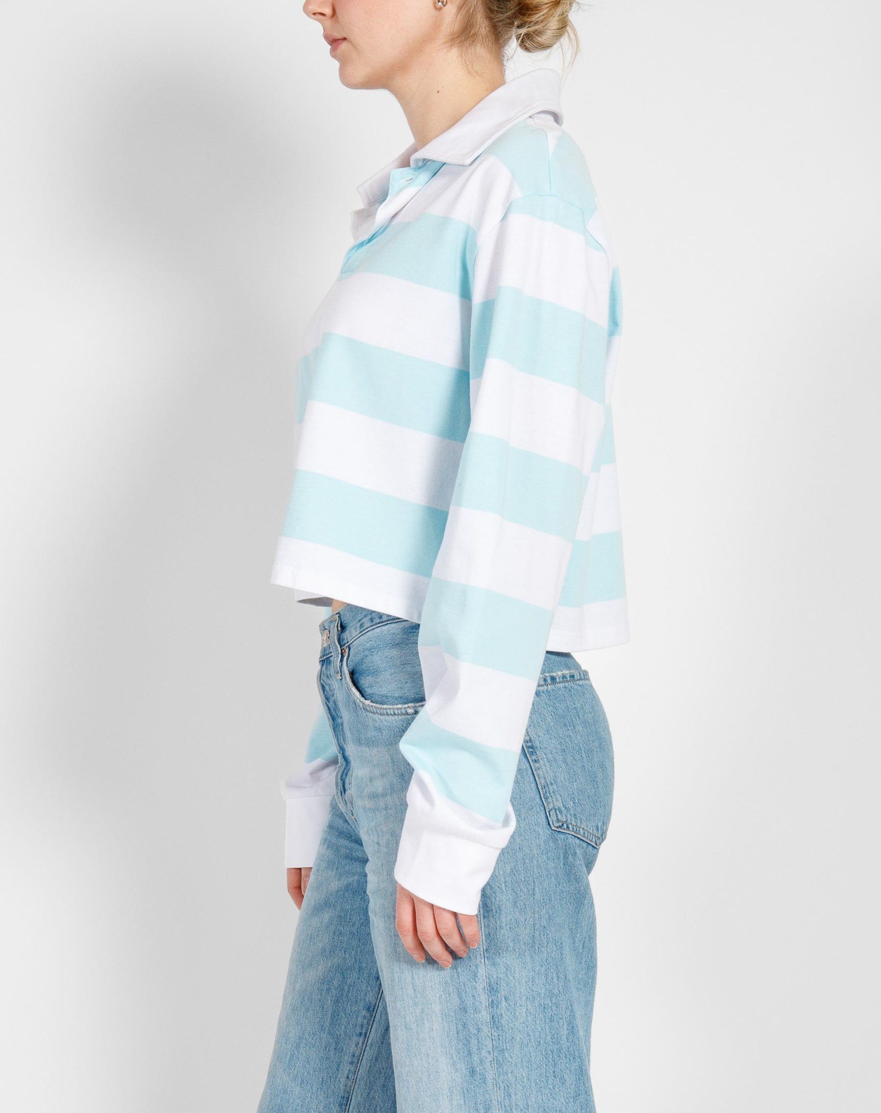 The Cropped Rugby Shirt | White & Baby Blue sold by Brunette The Label product image thumbnail 2