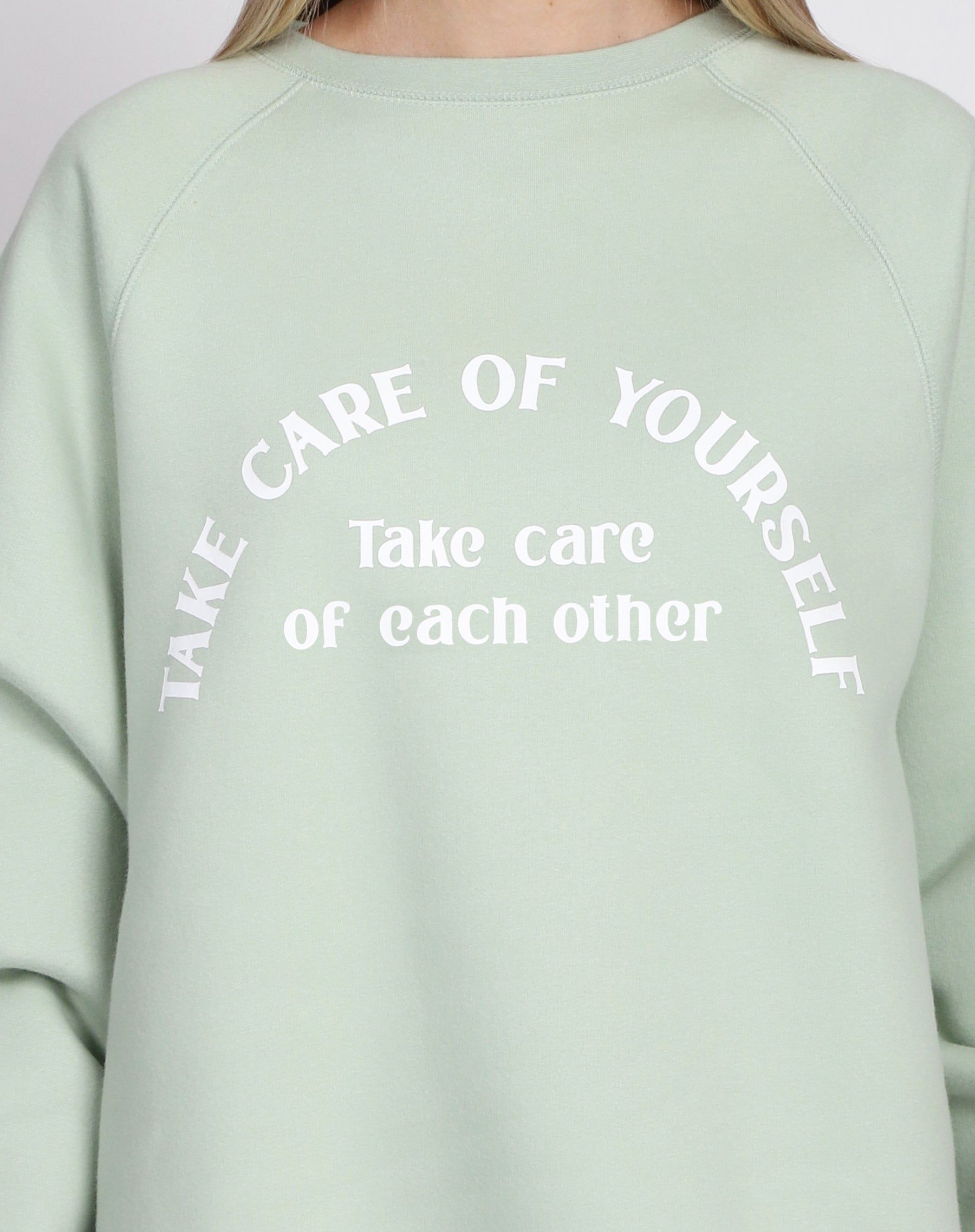 The "TAKE CARE" Not Your Boyfriend's Crew Neck Sweatshirt | Sage sold by Brunette The Label product image thumbnail 2