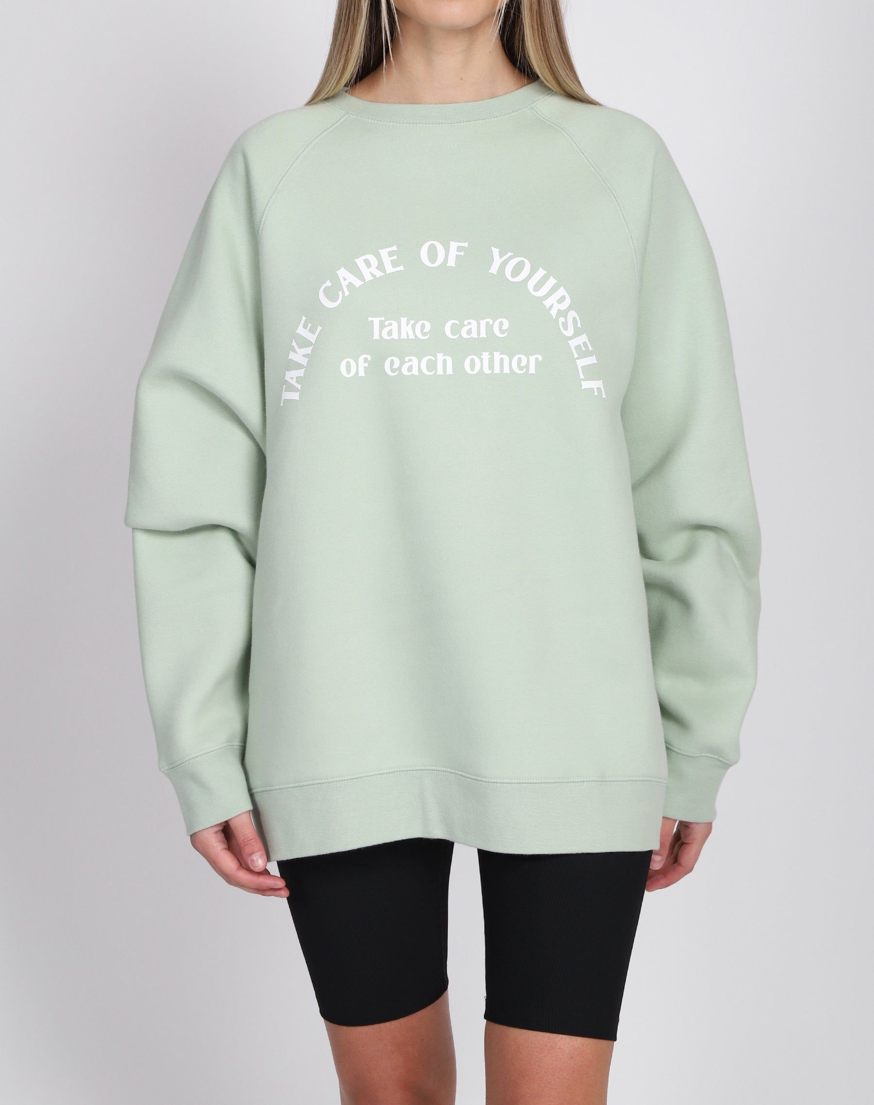 The "TAKE CARE" Not Your Boyfriend's Crew Neck Sweatshirt | Sage sold by Brunette The Label