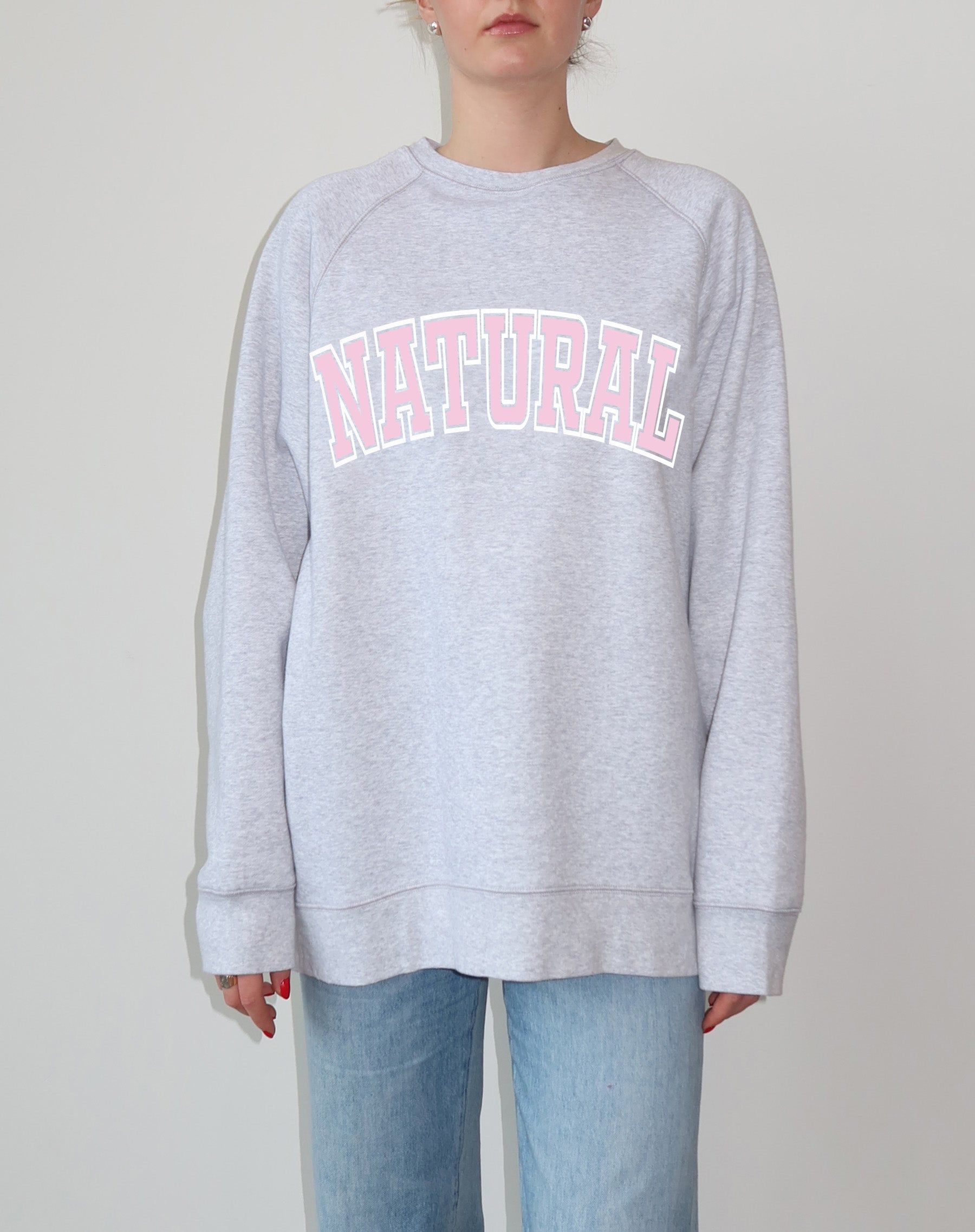 The "NATURAL" Not Your Boyfriend's Varsity Crew Neck Sweatshirt | Pebble Grey & Baby Pink sold by Brunette The Label