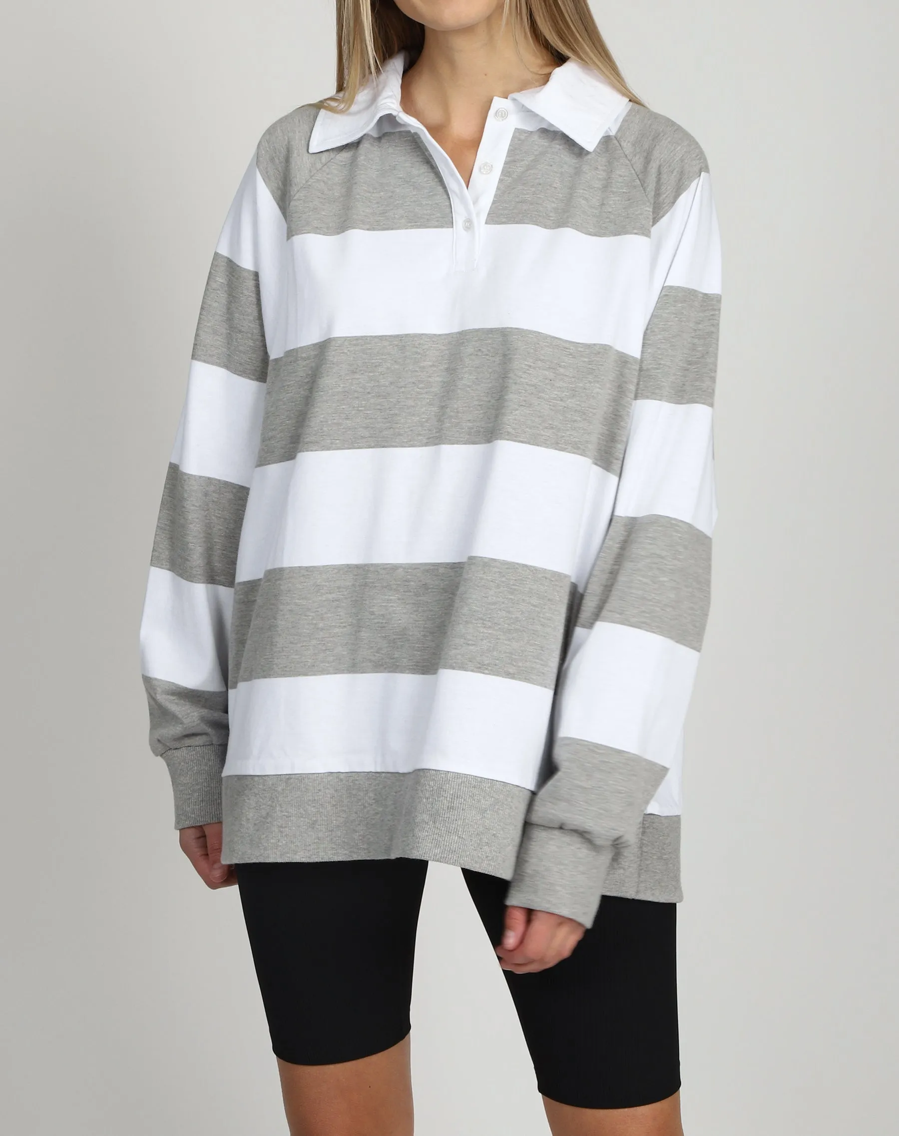 The Striped Rugby Shirt | Dove Grey sold by Brunette The Label