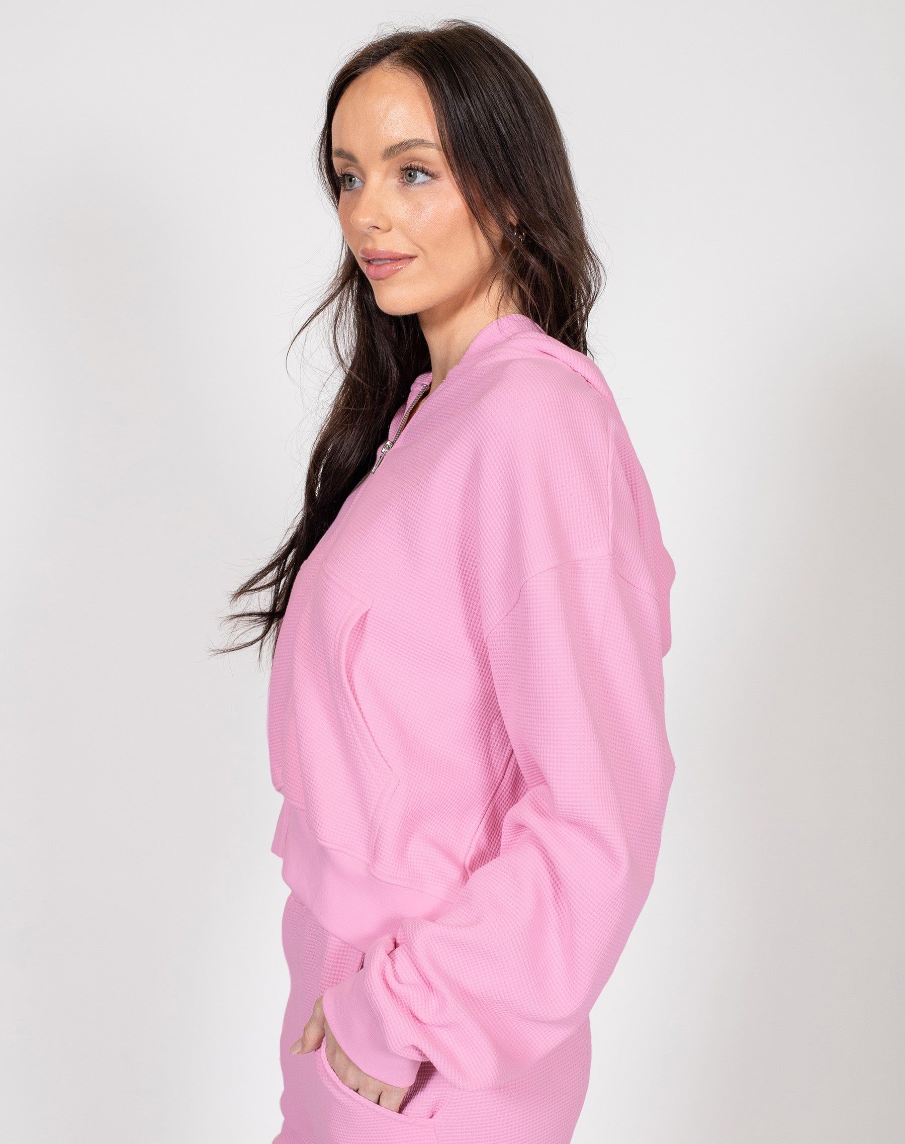 Waffle Knit Full Zip Middle Sister Hoodie | Bubble Gum sold by Brunette The Label product image thumbnail 2