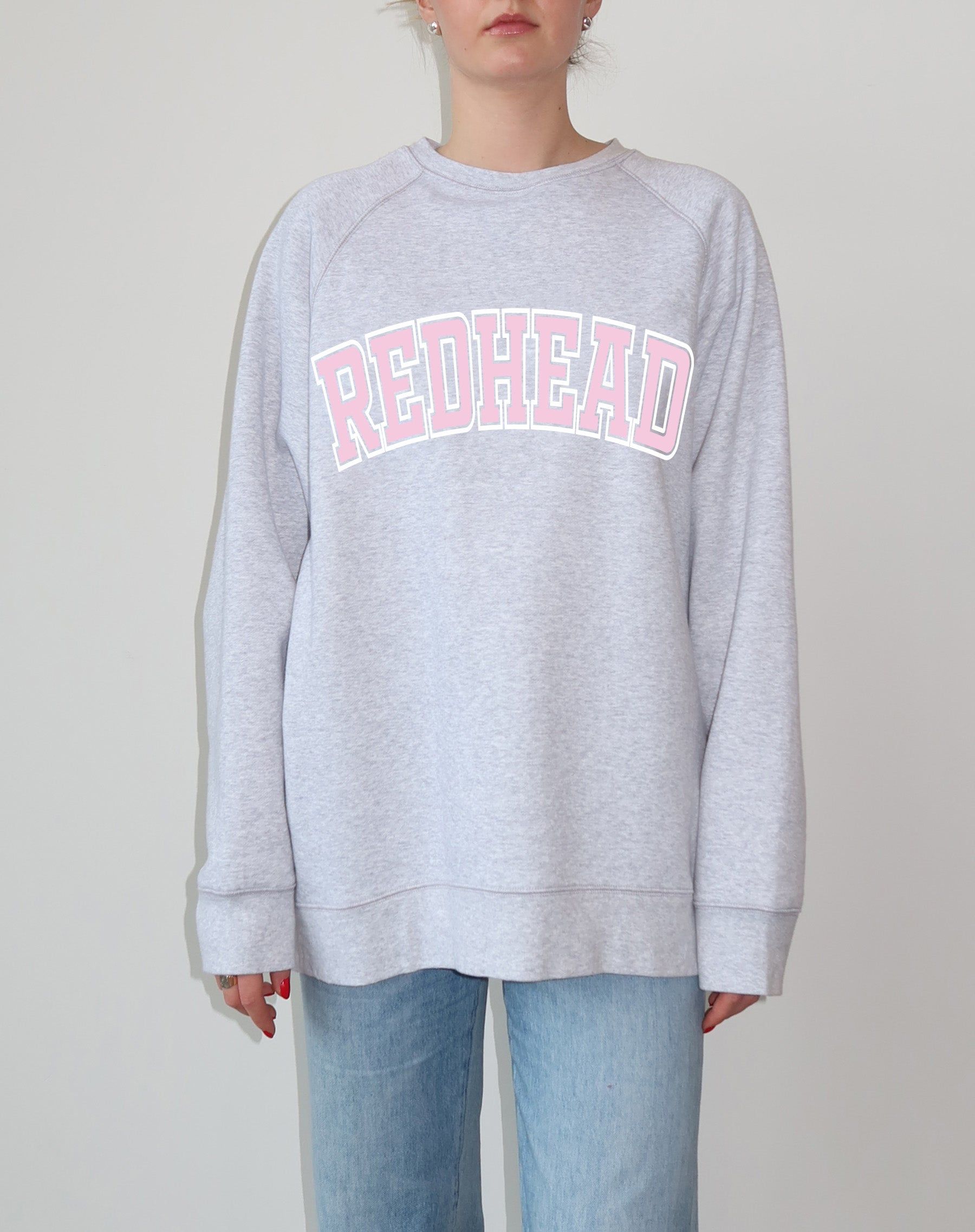 The "REDHEAD" Not Your Boyfriend's Varsity Crew Neck Sweatshirt | Pebble Grey & Baby Pink sold by Brunette The Label
