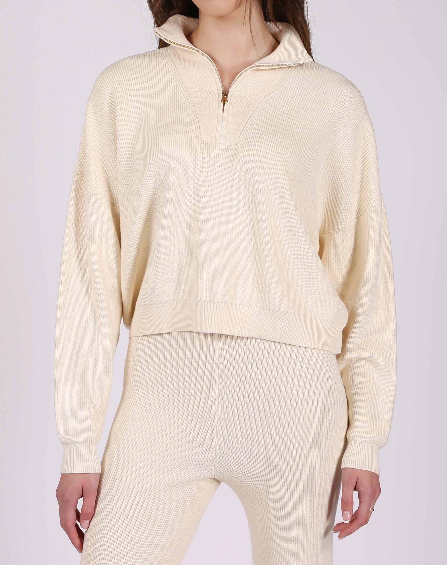 The Ribbed Knit Half-Zip Popover | Cream sold by Brunette The Label